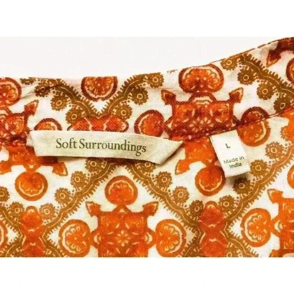 Soft Surroundings Paysan Medallion Boho Tunic Top sz L Roll-Tab Sleeve Orange - Picture 7 of 9